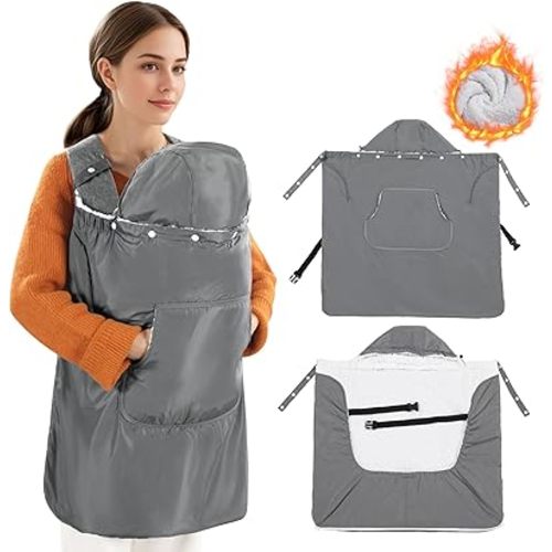 ROYALAY Baby Carrier Cover with Big Pockets, Waterproof Baby Carrier with Detachable Hood, Sherpa Thickened Infant Carrier Cover, Car Seat Cover for Baby Carseat, Universal for Baby Waist Stool