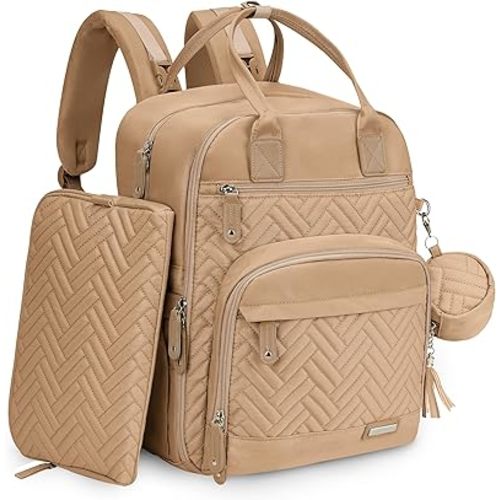 iniuniu Diaper Bag Backpack, 4 in 1 kit Large Unisex Baby Bags for Boys Girls, Waterproof Travel Back Pack with Diaper Pouch, Washable Changing Pad, Pacifier Case and Stroller Straps, Light Khaki