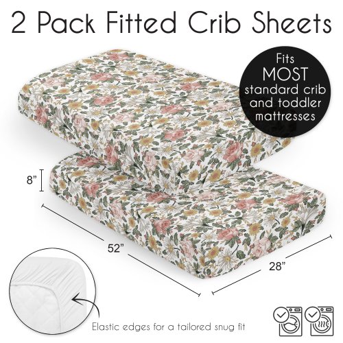 Sweet Jojo Designs Vintage Floral Boho Girl 2p Fitted Crib Sheets Bohemian Shabby Chic Farmhouse Wildflower Leaf Green White