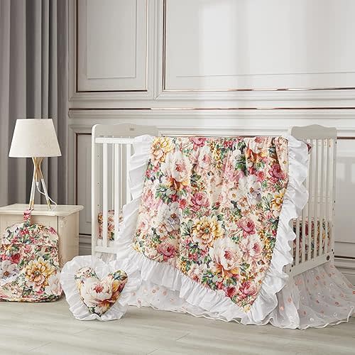 Brandream Crib Bedding Sets for Girls | 3-Piece Cotton Nursery Baby Bedding Set | Shimmering Floral Comforter, Crib Sheet, Embroidered Flowers Tulle Lace Crib Bed Skirt, Blush Pink