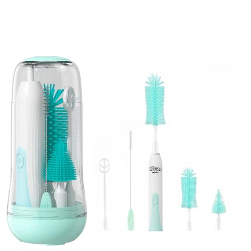 Travel Electric Baby Bottle Brush Set with Electric Bottle Cleaner and Water Bottle Brush and Nipple/Straw Brush,Milk Frother and Drying Rack(Green)