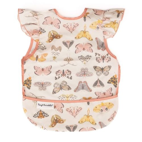 Tiny Twinkle Mess-Proof and Waterproof Baby Bib/Apron with Ruffled Shoulder, Machine Washable and BPA-Free (Butterflies, Small 6-24 Months)