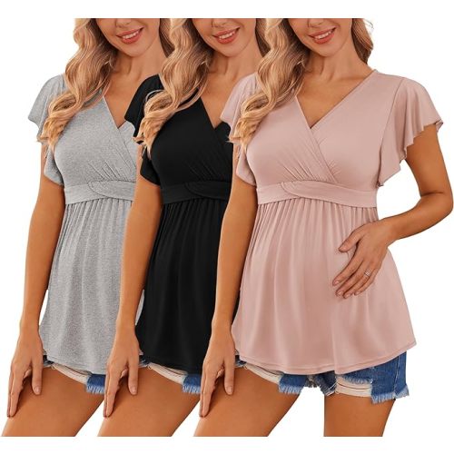 Ekouaer Maternity Shirts 3 Packs Flying Short Sleeve Nursing Tops Pregnancy Clothes