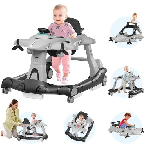 Xilingol 6-in-1 Baby Walker with Wheels, Adjustable Height & Speed Activity Walker with Padded Seat, Foldable Walker for Babies, Toddler Push Walkers for Boy & Girl 6-18 Months, Music & Light