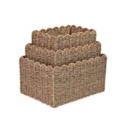 Happimess Arden Coastal Cottage Seagrass Scalloped Rectangular Organizing Storage Baskets, Natural (set Of 3)