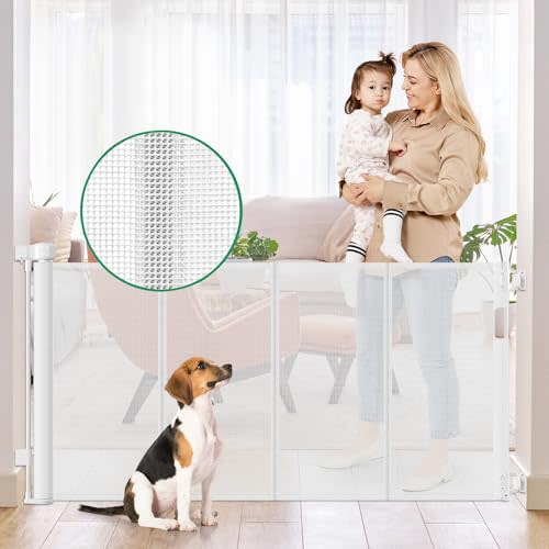 Reinforced 56" Wide Retractable Baby Gates for Doorways, Retractable Dog Gate for Stairs with Support Rods – Prevent Crawling Under, Outdoor Indoor Mesh Baby Gate Retractable Gates for Dogs, White