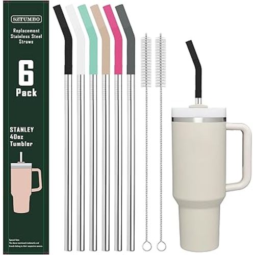 6 Pack 12 Inch Reusable Metal Stainless Steel Straight Straw,with 6Silicone Tips and 2Cleaning Brush for Simple Modern 32,40oz Tumbler,40oz Stanley, 24 oz Starbucks Cup(8mm Silver)