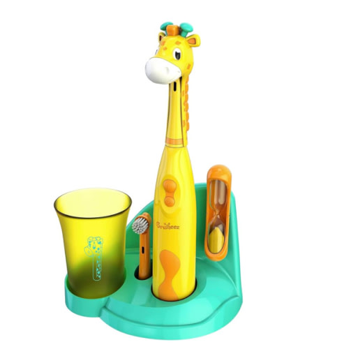Brusheez Kids’ Electric Toothbrush Set - Gentle Bristles, 2 Brush Heads, Rinse Cup, 2-Minute Timer, & Storage Base (Jovie The Giraffe)