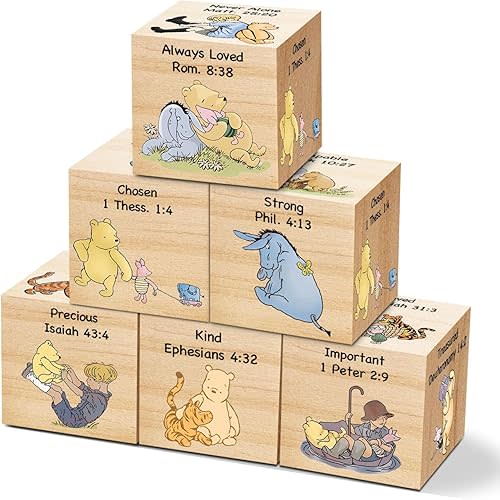 6 Pcs Christian Inspirational Winnie Nursery Decor for Girls and Boys The Pooh Room Decorations Classic Winnie Themed Wooden Art Decorations Winnie Bible Proverbs for Kids Gifts 1.6 Inch