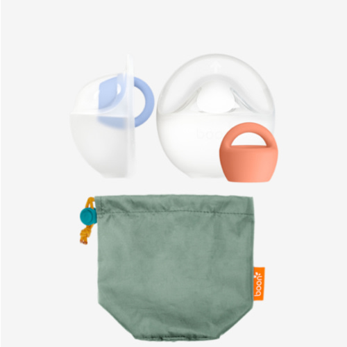 Boon Trove Silicone Manual Breast Pump Set - Hands Free Breast Milk Collector - Includes Polyester Travel Pouch - Breastfeeding Essentials - 2 Count