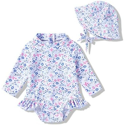 Infant Baby Girl Swimsuit One-Piece Long Sleeve Rash Guard with Hat Set Floral Zipper Bathing Suit Leopard Beach Wear