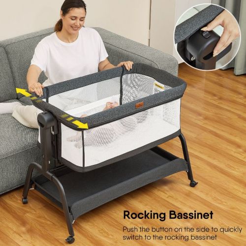 Babybond Rocking Baby Bassinet, 3-in-1 Bedside Crib With Comfy Mattress, Wheels And 6 Height Adjustments, Portable Bedside Sleeper For Infants, Black