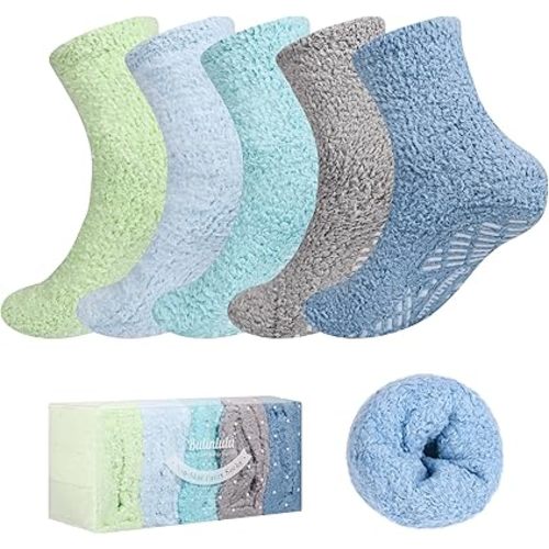 Bulinlulu Fuzzy Socks With Grips for Women 5-Pairs Non Slip Sleep Warm Fluffy Slipper Socks with Grippers for women