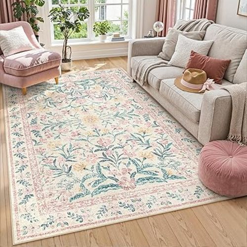 Lahome Pink Boho Rugs for Living Room 5x7, Washable Area Rugs for Bedroom Girls Decor Non Slip, Soft Floral Low-Pile Nursery Carpet for Kids Dining Room Indoor, Pink/Multi