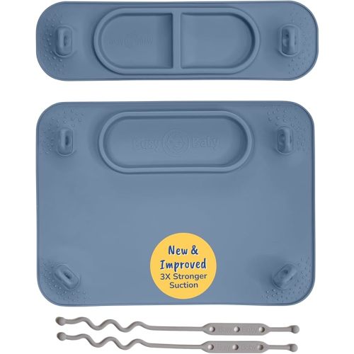 BUSY BABY Silicone Mat Bundle - 1 Original Mat Plus 1 Mini Mat, New Stronger Suction Cups, 6 Straps to Secure Baby Essentials and Keep Them Off The Floor, Baby Led Weaning, Wet Bag Included (Pewter)