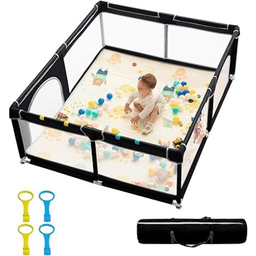 dearlomum Baby Playpen,71"x59" Extra Large Baby Playard, Playpen for Babies with Gate, 0-6 to 12 Months Baby Activity Center, Sturdy Safety Playpen with Soft Mesh,Playpen for Toddlers(Black)