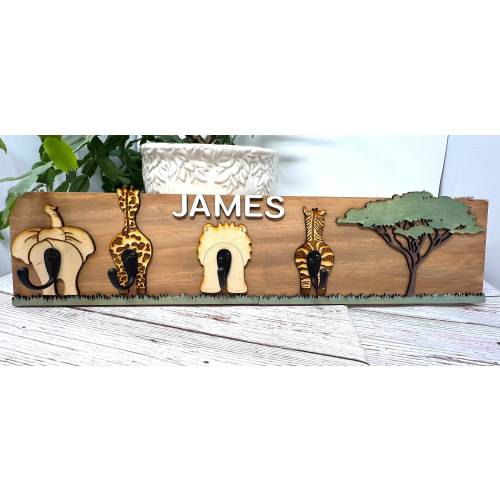 Jungle animal nursery decor, safari animal butt hooks sign, jungle animal hooks for baby nursery, personalized baby gift, safari animal sign