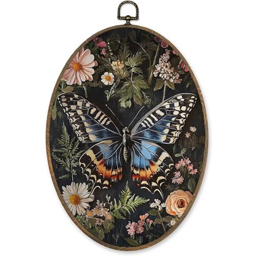 LKETW William Morris Butterfly Floral Oval Wall Art Decor, Vintage Butterfly Botanical Oval Canvas Hanging Decor, Cottagecore Moth Flower Wall Decorations for Home Bedroom Living Room, 8.6x11.4 Inch
