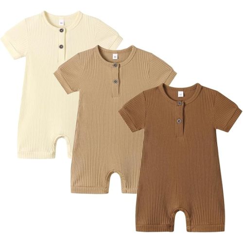 Bafeicao Baby Boy Girl 2/3 Pack Solid Romper Ribbed Short/Long Sleeve Bodysuit Jumpsuit Infant Knitted Outfits Clothes