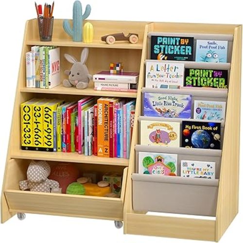 4 Tier Kids Wooden Bookshelf, 5 Sling Bookshelf, 1 Removable Storage Cabinet, Kids & Toddler Book Rack for Book Storage and Display