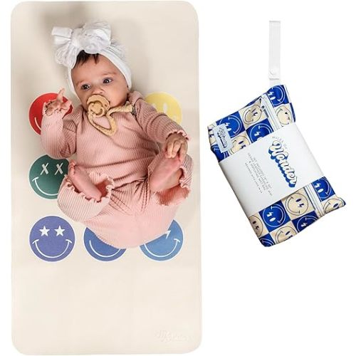 Leather Changing Mat with Reusable Waterproof Wet Bag, (16 x 30 Inches) Baby Changing Mat, Non-Toxic Changing Pad Portable Folds and Wipes Clean, Baby Changing Pad Travel (Smiley Face)