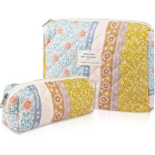 2PC Makeup Bag Set, Cute Cosmetic Bag for Women Girls, Floral Coquette Aesthetic Toiletry Bag, Travel Make Up Organizer Bag (Color-Coded Floral)