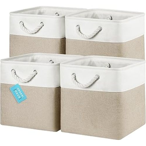 OrganiHaus 12x12 Cube Storage Bins 4 pack, Foldable Cube Storage Organizer w/ Rope Handles, Collapsible Fabric Bins for Toys, Clothes & Closet Organization, Fabric Square Baskets - Beige/White