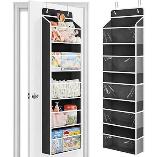 JARLINK Toy Stuffed Animal Storage, Over The Door Organizer W/Clear View Windows, 44lb Load, Baby Toy Storage Organizer for Nursery, Kid Bedroom, Newborn Baby Essentials (Black)