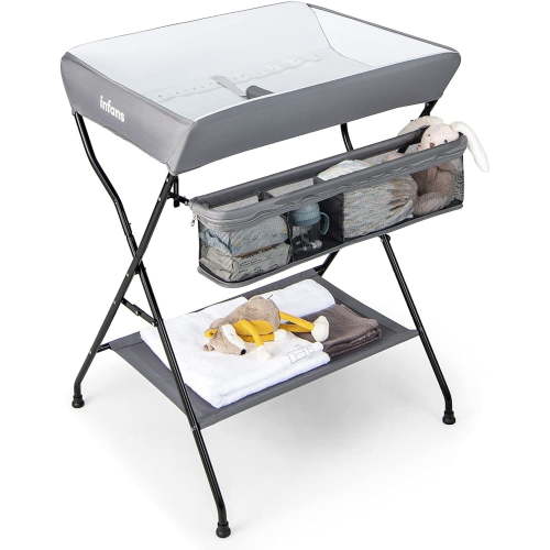 INFANS Foldable Baby Changing Table with Basket, Diaper Station & Nursery Organizer, Portable Safety Belt (Grey)