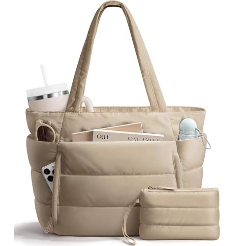 Bagstellar Puffer Tote Bag for Women, Lightweight Puffy Work Handbag Teacher Nurse Quilted Shoulder Bag for School Travel Gym | Quilted, with Zipper, Daily Carry On Bags, Comfy College Bags, 15.6" Laptop Sleeve, Cup Holder Pocket, Portable, Spacious