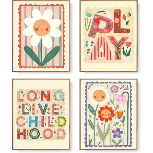LARTSFRO Cute Kids Floral Wall Art Prints Set of 4, Smile Floral Artwork Posters Wall Decor for Toddler Nursery Kids Room Bedroom Playroom, 8x10 Unframed