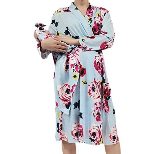 SUFEINI Maternity Robe and Matching Baby Swaddle Blanket Set, Mommy Robe with Receiving Blanket Girls Boys Sleepwear