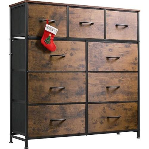 WLIVE 9-Drawer Dresser, Fabric Storage Tower for Bedroom, Hallway, Entryway, Closet, Tall Chest Organizer Unit with Fabric Bins, Steel Frame, Wood Top, Easy Pull Handle, Rustic Brown Wood Grain Print