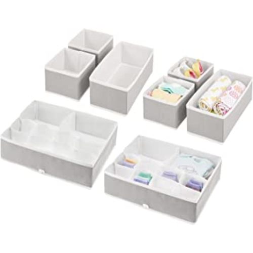 mDesign Fabric Drawer Organizer Bins, Kids/Baby Nursery Dresser, Closet, Shelf, Playroom Organization, Hold Clothes, Toys, Diapers, Bibs, Blankets, Jane Collection, Set of 4, 2 Pack - Stone Gray/White
