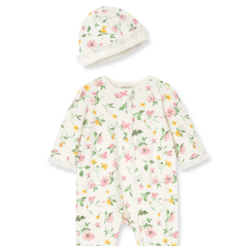 Floral Leaf 2-Way-Zip Footed One-Piece And Hat