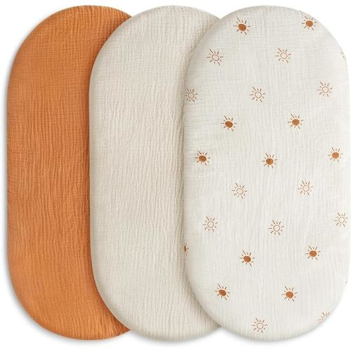 Gllquen Baby Muslin Bassinet Sheets 3 Pack, Breathable Elastic Cozy Fitted Cotton Bassinet Mattress Sheet for Baby Boy Girls, Fit for Hourglass Oval Rectangular Cradle Pad Sheets 33"X17" (Sunshine) - Yellow