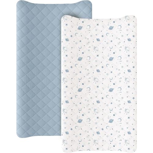 Konssy Waterproof Muslin Changing Pad Cover 2 Pack, Quilted Cotton Fitted Diaper Changing Table Cover, Soft Changing Pad Sheets for Girls Boys (Star,Blue)