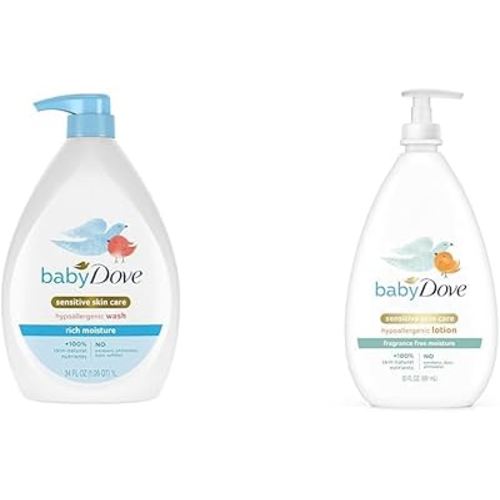 Baby Dove Sensitive Skin Care Bundle - Baby Wash Rich Moisture 34 oz & Baby Lotion for Sensitive Skin 20 oz