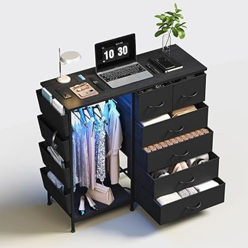 6 Drawer Dresser for Bedroom with Clothes Rack, Clothes Dresser with Side Pockets and Hooks, Charging Station & LED Lights, Wooden Top, Fabric Storage (Black)