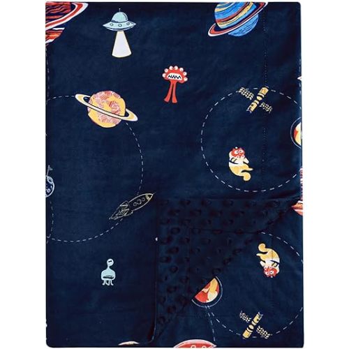 PHF Minky Baby Blanket for Boys and Girls, 30x40 Inches Neutral Double Layer Baby Blankets with Dotted Backing, Unisex Receiving Blanket Bed Throws for Newborn, Infant, Babies, Space