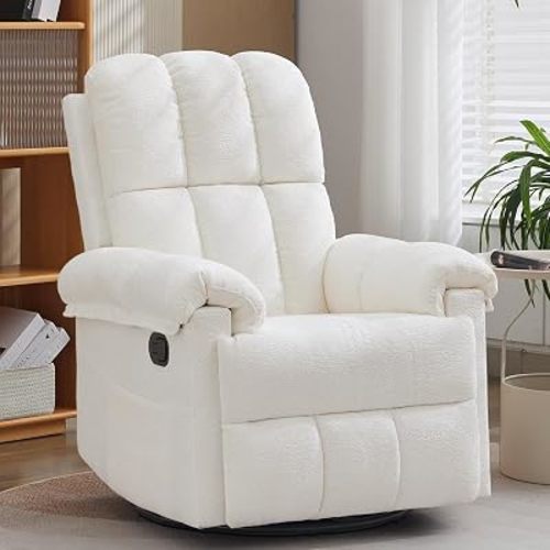 Swivel Rocker Recliner Chair Manual Upholstered Chenille Fabric Recliner with Side Pockets for Adults Small Spaces Nursery Living Room Single Compact Rocking Chair