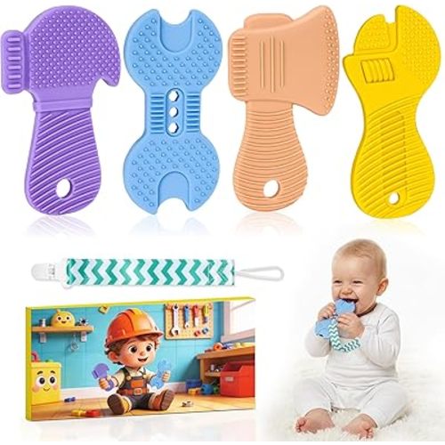 Baby Teething Toys, Teethers for Babies 3-18 Months, Teether Tools Shape Toys, Baby Teething Relief Toddlers Infant Toy with Pacifier Clip for Boys & Girls, Food Grade Silicone, BPA-Free, 4 Packs
