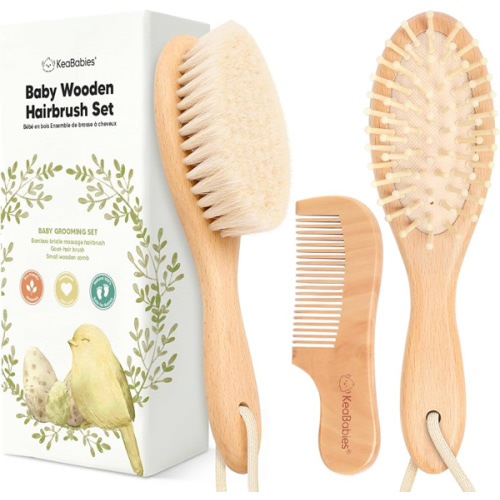 Baby Hair Brush and Comb Set for Newborn - Wooden with Soft Goat Bristle, Newborns Girl, Boy, Toddler Cradle Cap (Oval, Walnut)