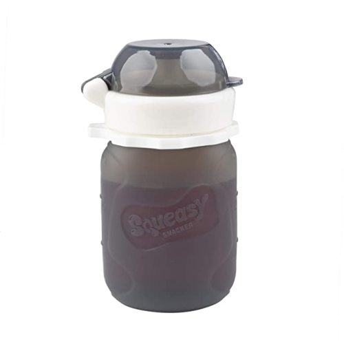 Grey 3.5 oz Squeasy Snacker Spill Proof Silicone Reusable Food Pouch - for Both Soft Foods and Liquids - Water, Apple Sauce, Yogurt, Smoothies, Baby Food - Dishwasher Safe