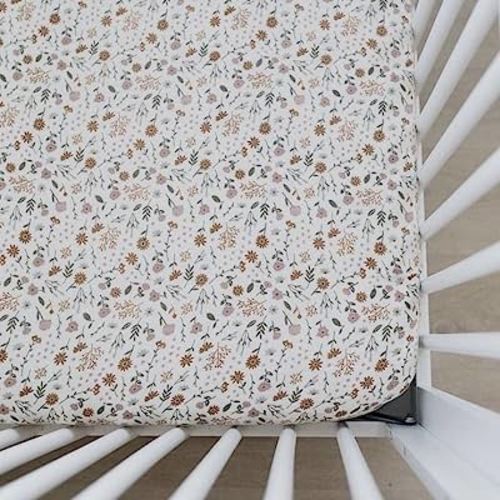 Meadow Floral Muslin Crib Sheet by Mebie Baby, Soft and Breathable Bed Sheets for Babies, Modern Neutral Bedding for Cribs, Standard Crib Mattress Fitted Sheet, Great for Boy or Girl Room or Nursery
