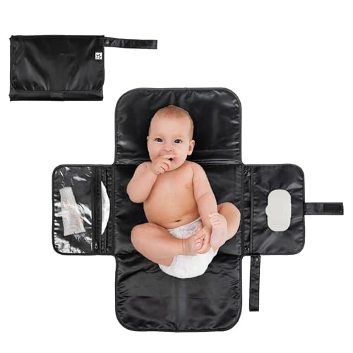 Tiny Twinkle Portable Diaper Changing Pad, Foldable Waterproof Baby Change Pad for Newborn Girl & Boy with Smart Wipes Pocket (Black)