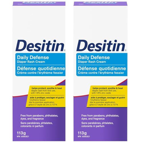 Desitin Daily Defense Baby Diaper Rash Cream with 13% Zinc Oxide, Barrier Cream to Help Treat, Relieve & Prevent Diaper Rash, Hypoallergenic, Dye-, Phthalate- & Paraben-Free, Pack of 2 x 113g