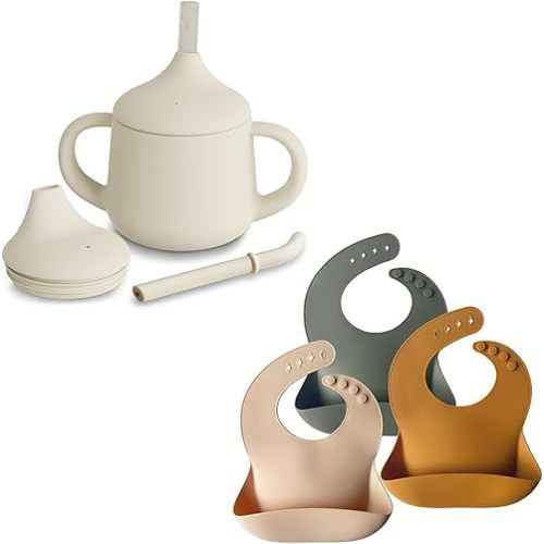 Moonkie Silicone Baby Sippy Cups Set & Silicone Bibs Set of 3 | 4oz 3-Stage Training Cup for Infants & Toddlers | BPA-Free Soft Adjustable Waterproof Feeding Bibs for Babies