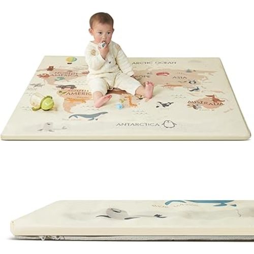 Vegan Leather Baby Play Mat, Wipe-Clean Play Mat for Floor, 47x47 Thicken Foam Cushioned & Waterproof Playpen Mat for Infants, Kids and Toddlers