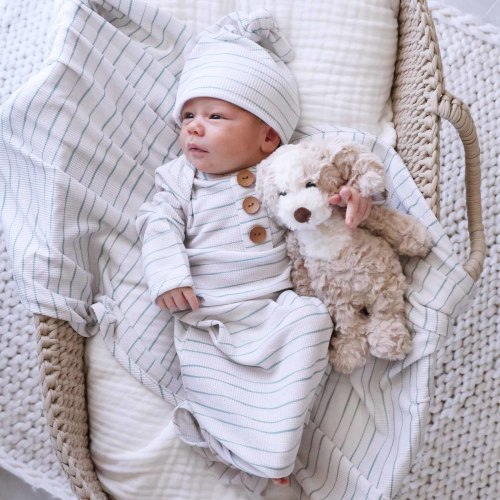 Sage's Stripes Waffle Bamboo Newborn Baby Knot Gown & Hat Set